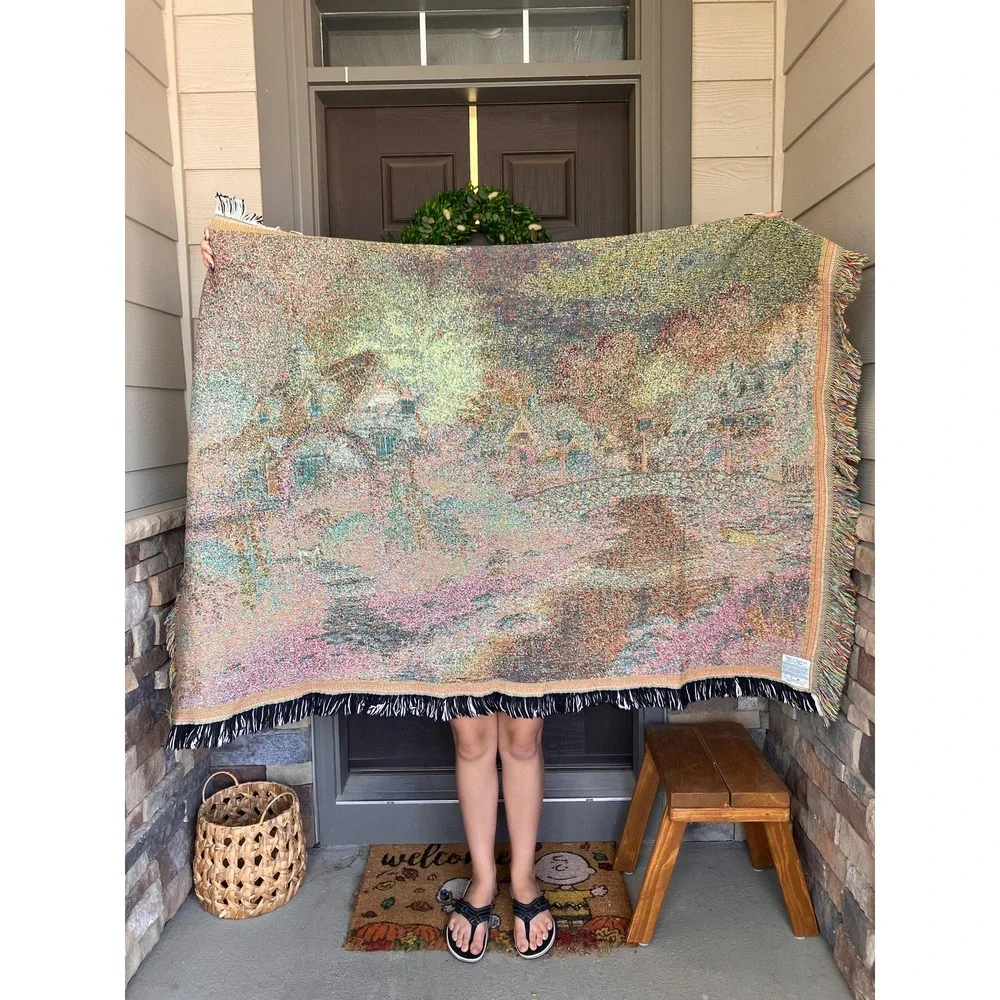 Vintage Thomas Kinkade Painter of Light Woven Tapestry Throw Blanket Cottage